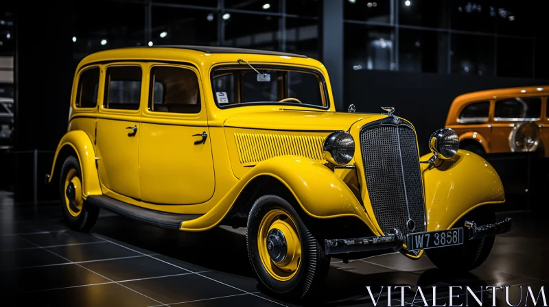Bold Traditional Design: Yellow Car in a Museum AI Image