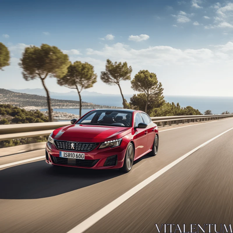 Extravagant Baroque Red Peugeot 308 Driving on Country Road with Ocean View AI Image