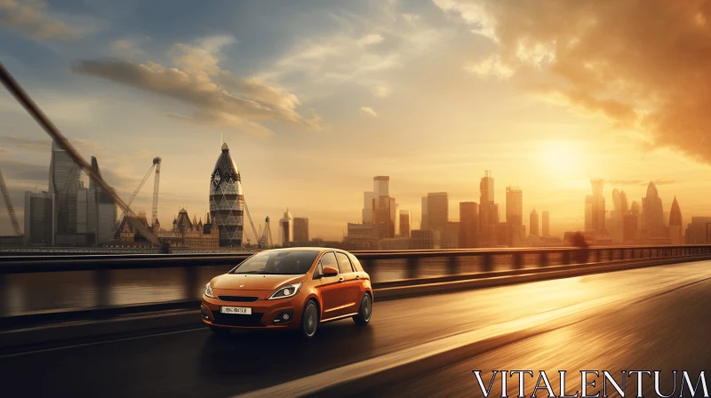 Orange Hatchback Car on Highway: Captivating Cityscapes AI Image