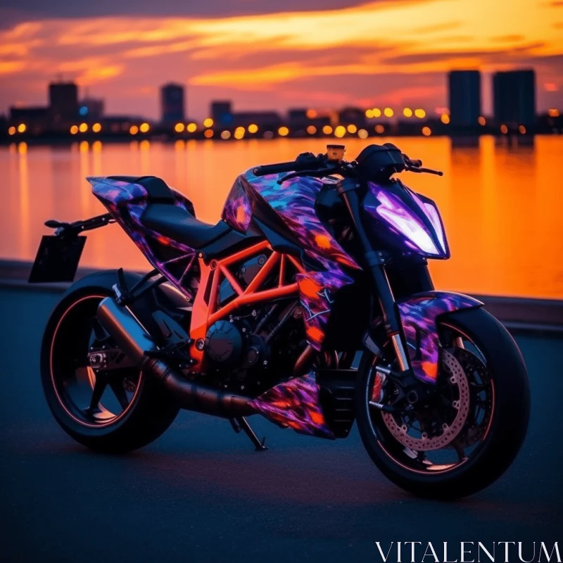 Captivating Motorcycle Artwork: Twisted Futurism in Dark Violet and Light Orange AI Image