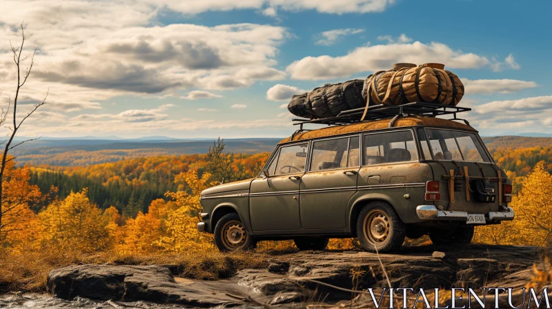 Captivating Mountain View: Vintage Car amidst Autumn Splendor AI Image