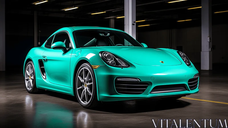 AI ART Teal Green Porsche Sports Car in an Empty Garage - Vibrant and Lively Artwork