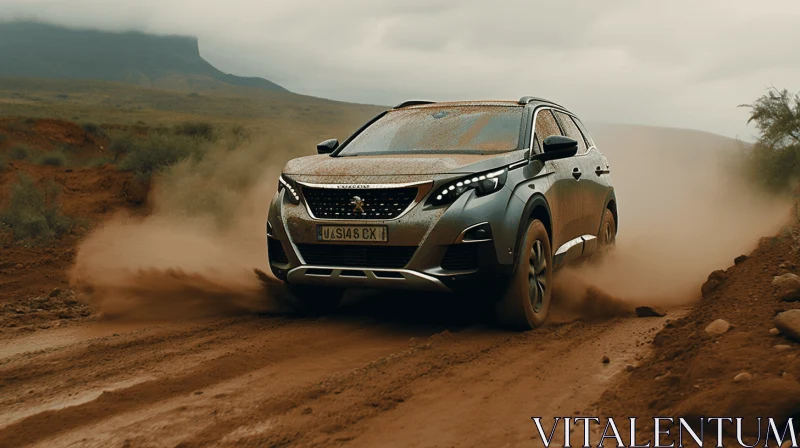 Captivating Artwork: Silver SUV Driving Through Muddy Ground in Front of Mountains AI Image