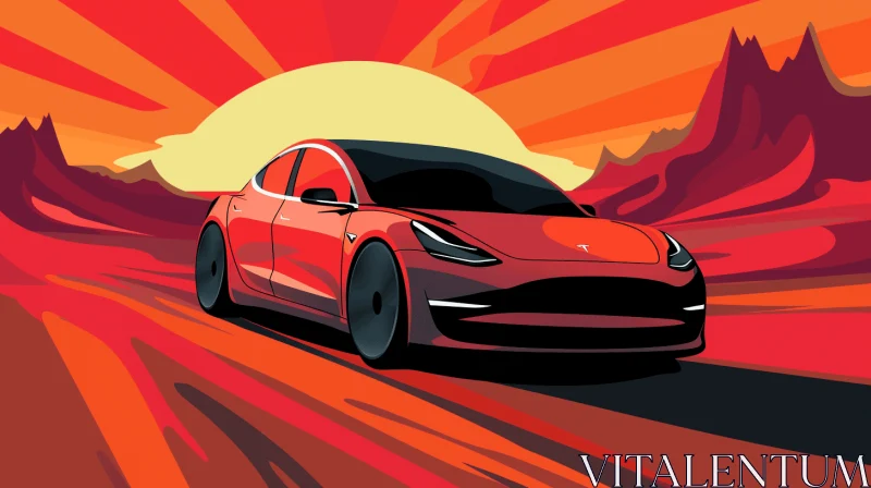 Vintage Tesla Illustration: Pop Art-Inspired Desert Drive AI Image