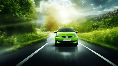 Green Car Driving Down Road in Scenic Countryside - Commercial Imagery