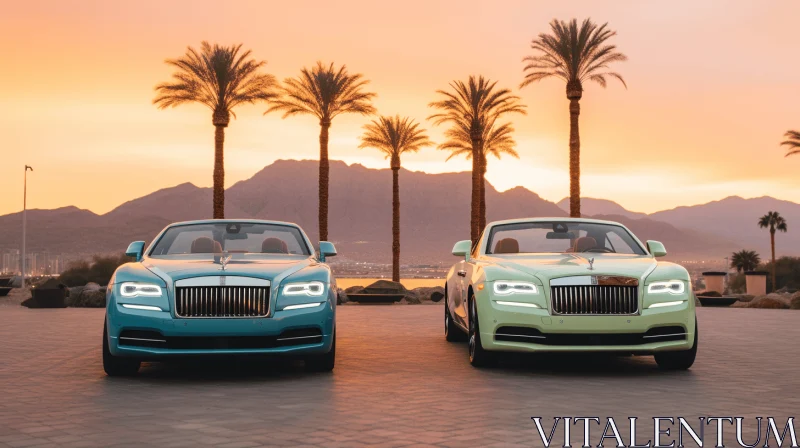 Green Rolls Royce Cars at Sunset: Azure and Aquamarine Delight AI Image