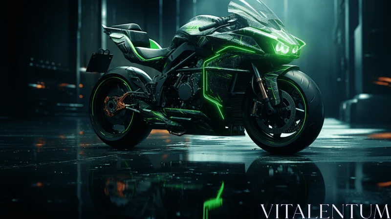 Hyper-Realistic Sci-Fi Green Motorcycle Illustration AI Image