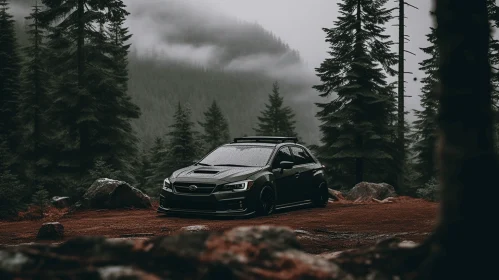 Black Car in a Foggy Forest: Captivating Adventure Themed Image