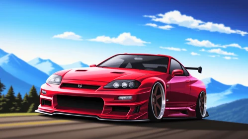 Vibrant Red Sports Car | Anime Art | Neo-Traditional Japanese