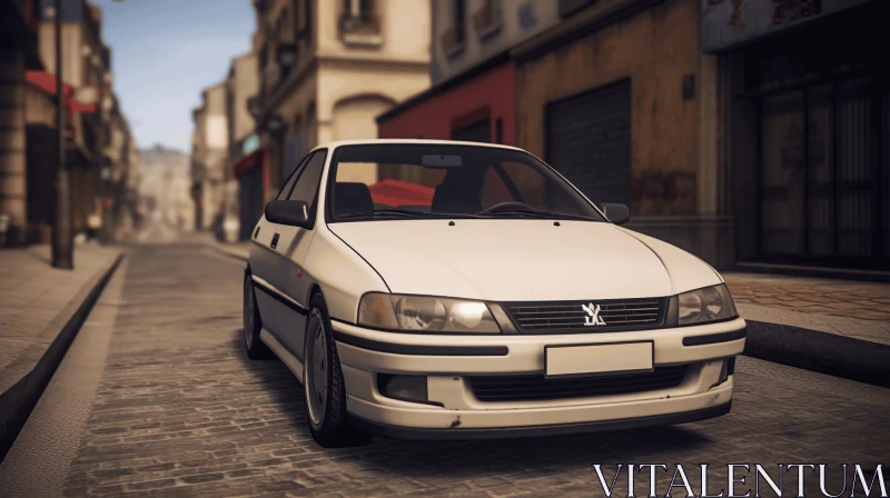 White Car Driving on City Street | Vray Tracing | 1980s Photorealistic Art AI Image