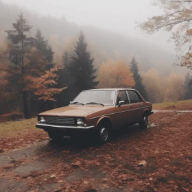 Brown Car Parked in Fog | Vintage Aesthetics | Field of Fall Colors