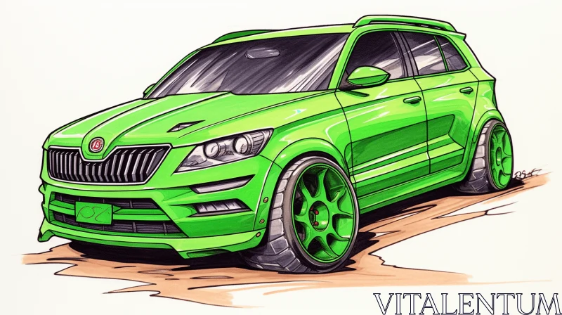 Captivating Green SUV Drawing with Meticulous Linework AI Image