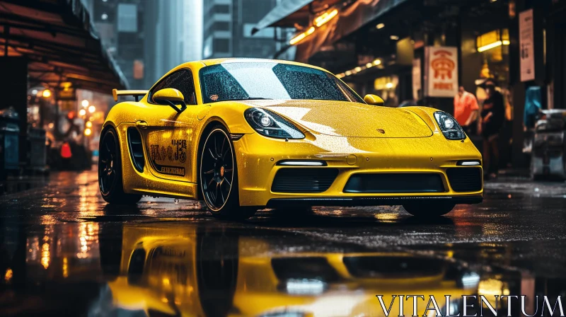 AI ART Captivating Yellow Sports Car on Wet Street - Hyper-Realistic Portraiture
