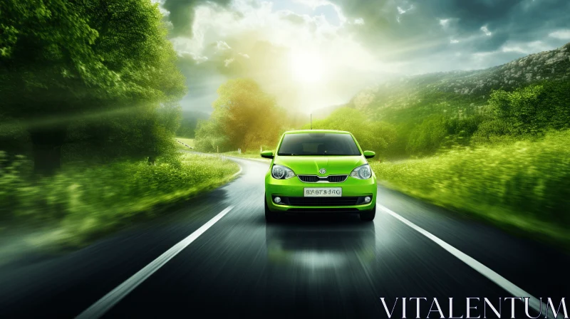 Green Car Driving Down Road in Scenic Countryside - Commercial Imagery AI Image
