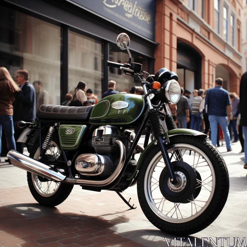Green Motorcycle Parked on Pedestrian Road | Meticulous Photorealistic Art AI Image