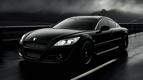 Black Car Driving Down a Dark Street - Monochromatic Elegance