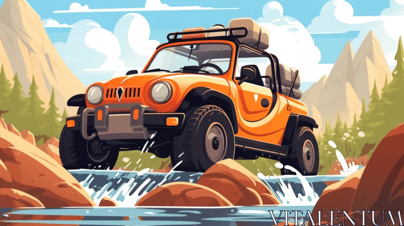 Orange Jeep Driving Down River: Detailed Character Design | Graphic Style AI Image
