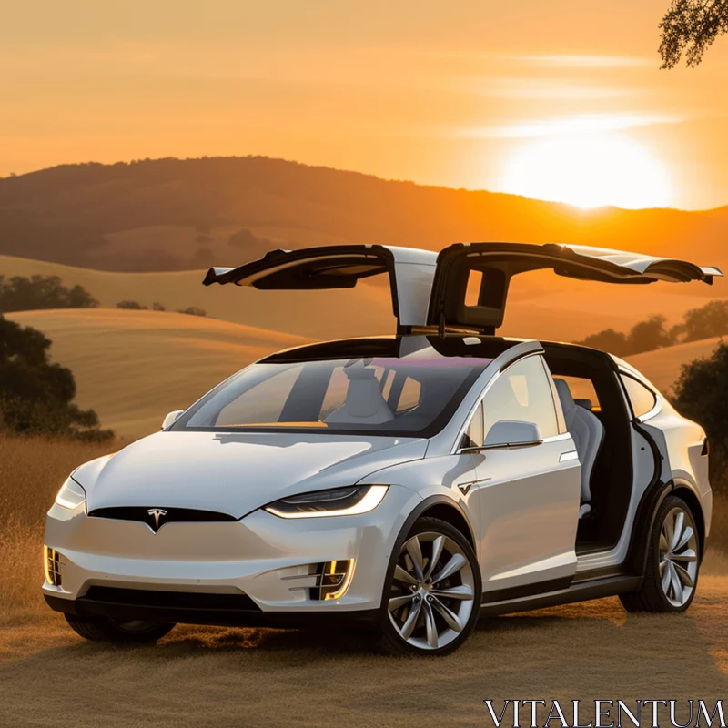Captivating Sunset: White Tesla Model X Car with Open Glass Door AI Image