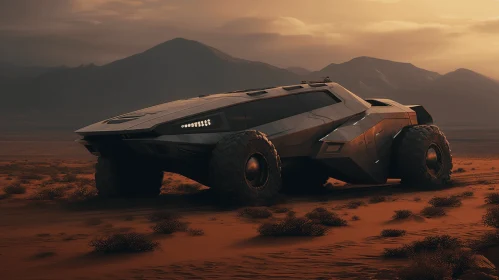 Futuristic Desert Vehicle: Contrasting Lights and Sleek Metallic Finish