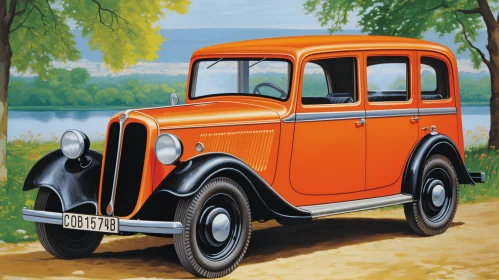 Captivating Orange Car Illustration | French Countryside Beauty