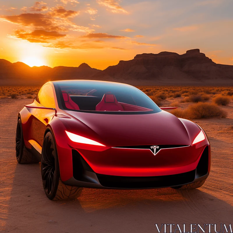 Red Tesla X Coupe in a Desert | Backlit Photography AI Image