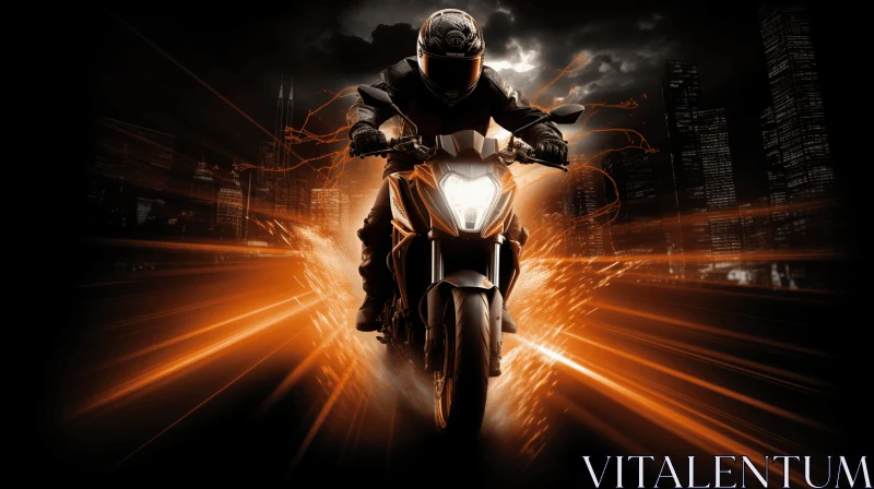 Motorcycle Rider in a Dark City - Action-Packed Photomontage AI Image