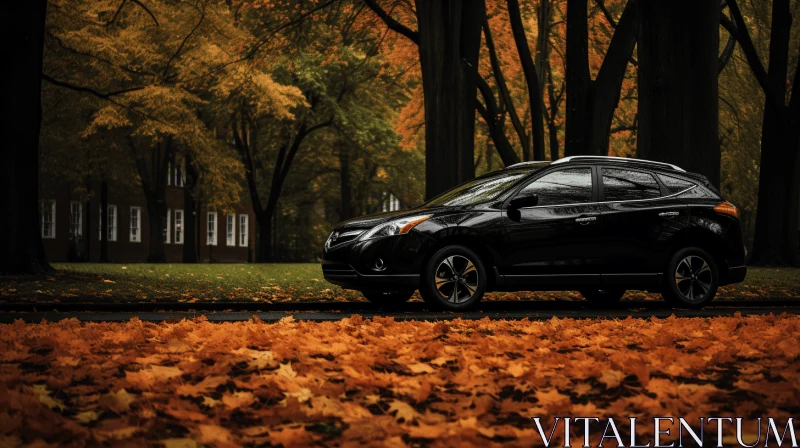 Captivating Autumn Forest: Black SUV Parked in Nature's Splendor AI Image