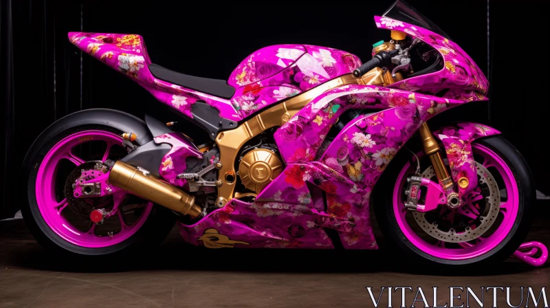 AI ART Pink Motorcycle with Gold Wheels and Floral Accents | Intense Chromaticism