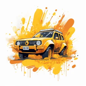 Yellow Adventure-Themed Car: Watercolor Painting