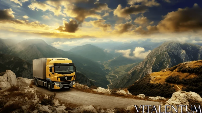 Yellow Truck Driving near Mountains at Sunset | Photorealistic Rendering AI Image
