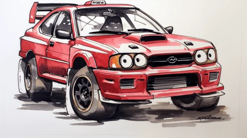 Captivating Drawing of a Red Subaru in Ink and Wash Style