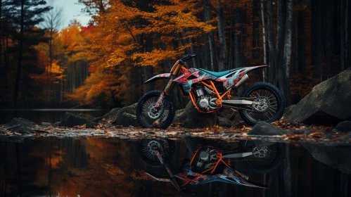 Captivating Autumn Scene: Dirt Bike Parked by the Pond