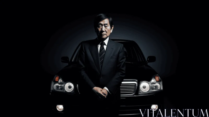 Captivating Image of a Businessman with a Black Car - Shin Hanga Style AI Image