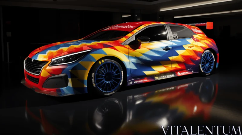 Colored Race Car in Dark Hallway | Mosaic-Like Forms | Graphic Design-Inspired AI Image