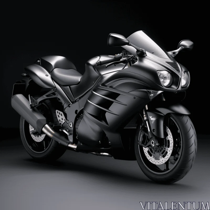 Sleek Black Motorcycle in Dimly Lit Studio | Artistic Elegance AI Image
