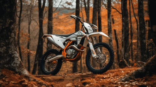 White Dirt Bike in Forest: Industrial Machinery Aesthetics