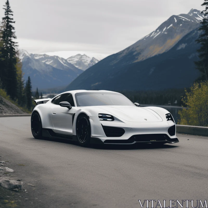 White Sports Car Speeding on Isolated Highway with Majestic Mountains AI Image