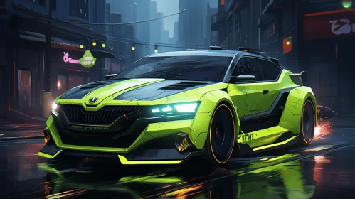 Captivating Green Car with Neon Lights | Realistic and Hyper-Detailed Artwork