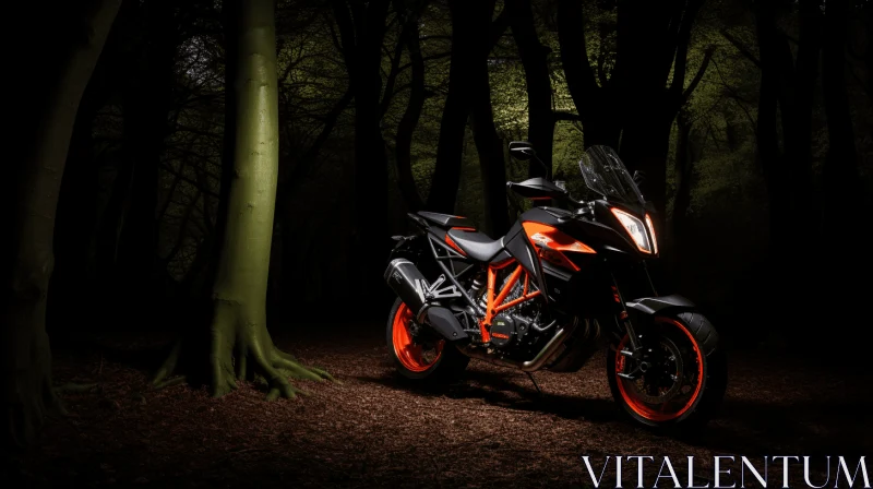 Sleek Metallic Motorcycle in Dark Forest with Orange Light AI Image