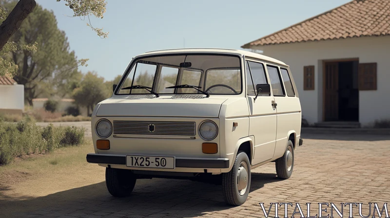 Vintage White Van Parked in Driveway - Realistic Rendering AI Image