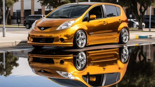 Golden Reflections: Captivating Yellow Car with Mirrored Chrome Reflections