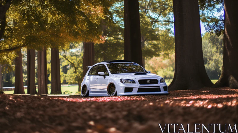 White Subaru Car in Enchanting Woods with Autumn Leaves AI Image