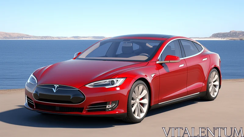 Red Tesla Model S Car by the Ocean - Hyperrealistic Photorealism AI Image