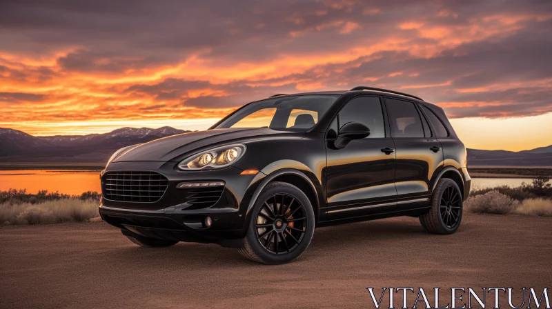 Black Porsche Cayen in Desert: Richly Colored Skies and Immersive Textures AI Image