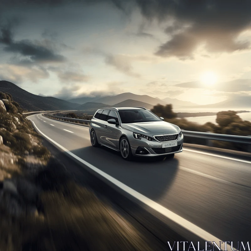 Scenic Sunset Drive: Captivating View of a Silver Car on a Moody Road AI Image