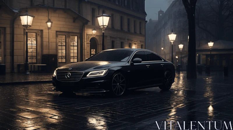Black Car Parked in the Rain on City Streets | Unreal Engine | Danish Golden Age AI Image