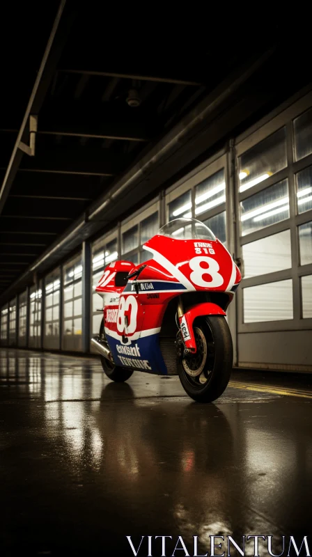AI ART Red and White Race Bike in a Dimly Lit Garage | Nostalgic Atmosphere