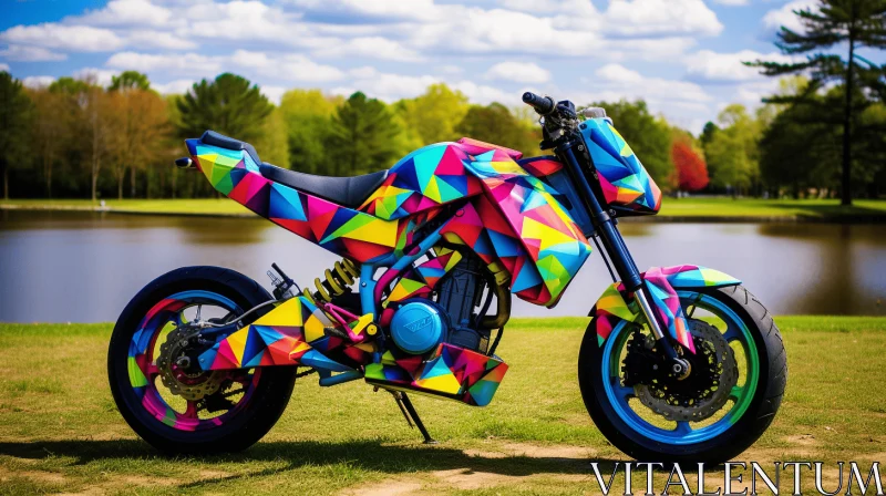 Colorful Geometric Cubism Motorcycle in a Field AI Image