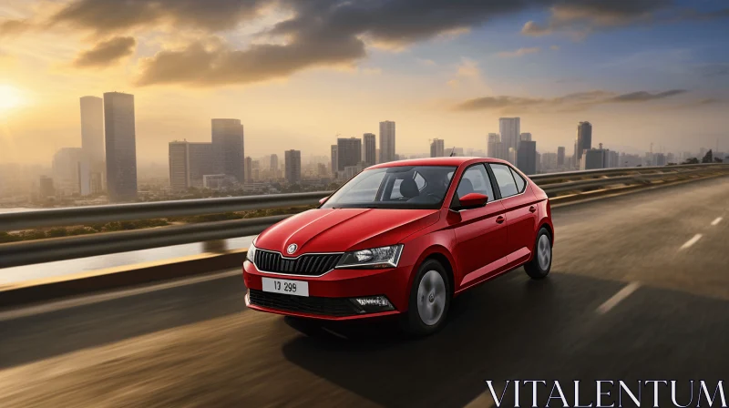 AI ART Intense and Dramatic Red Skoda Car Driving Through the City - UHD Image
