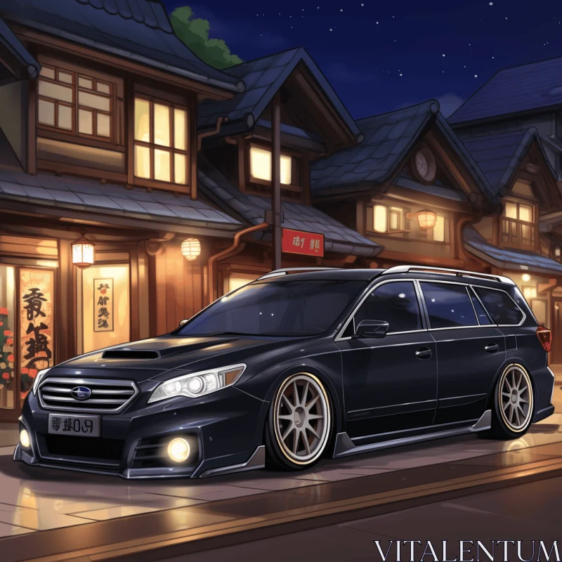 Black Subaru Wagon in Detailed Night Scene | Artistic Architecture Paintings AI Image